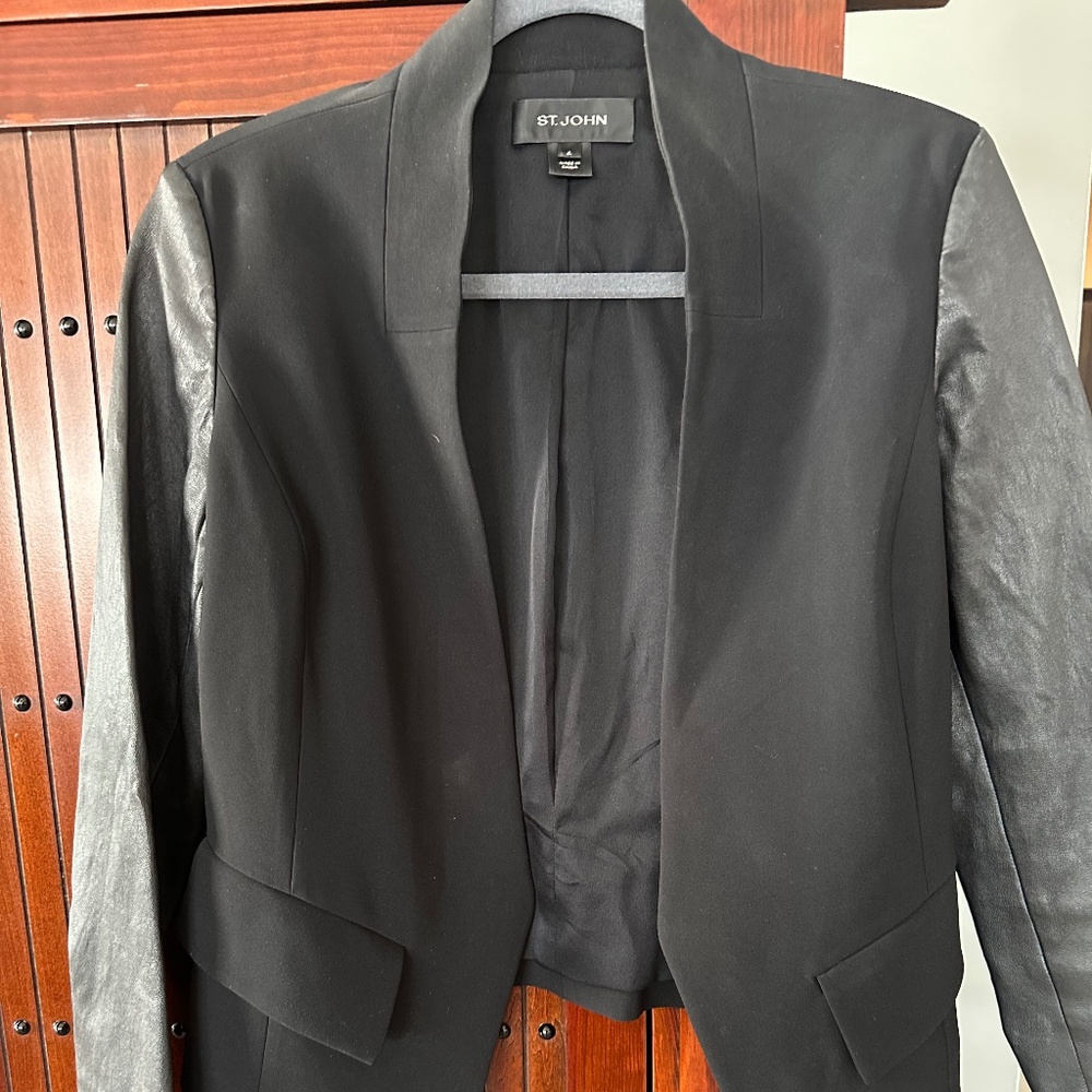 St. John Leather Sleeve Open Front Blazer (Sz. 4)